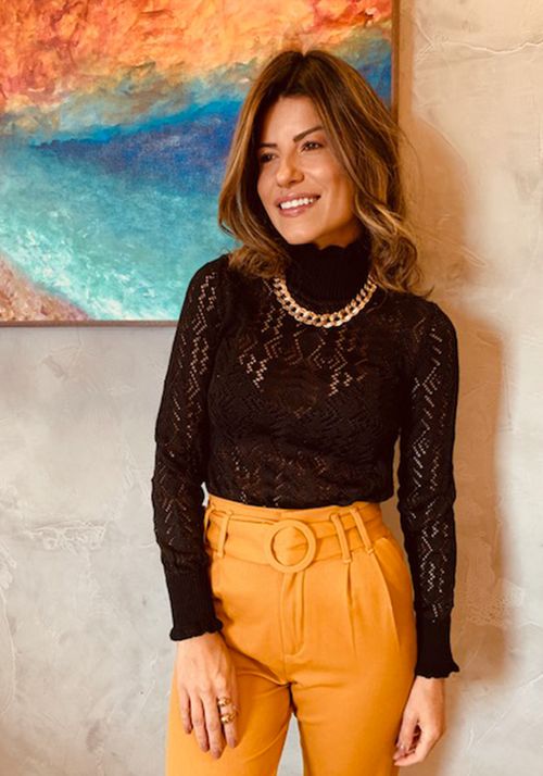 Blusa Tricot Renda Gola Alta