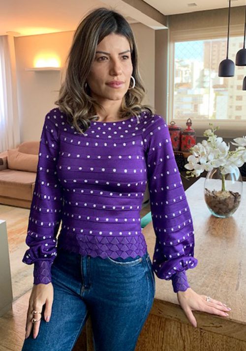 Blusa Tricot Ombro a Ombro Poá Renda