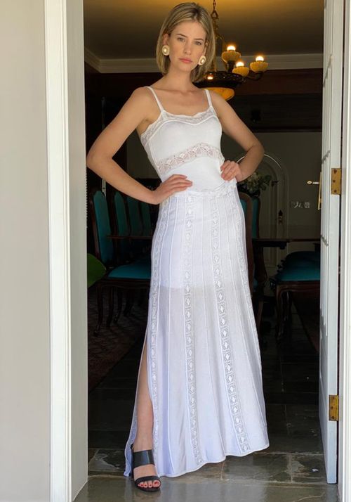 Vestido Tricot Longo Crochê Fendas