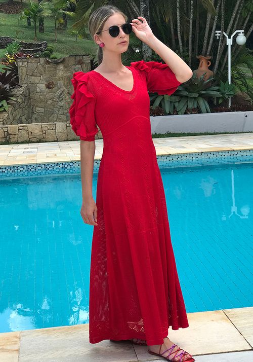 Vestido Tricot Longo Rendado Manga Babado