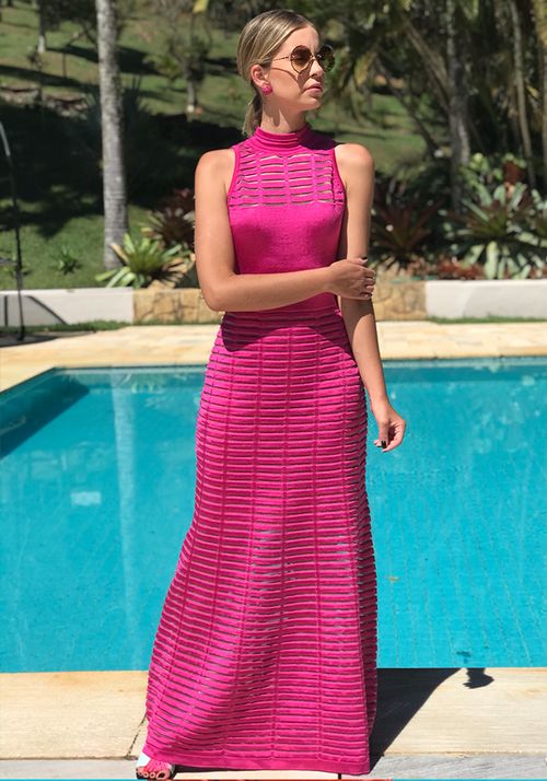 Vestido Tricot Longo Gola Decote Costas Transparência