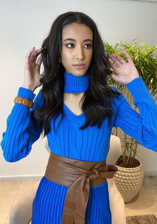 Blusa Tricot Canelada Gola Alta Decote Over