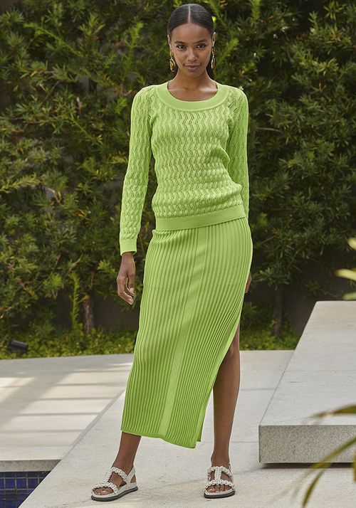 Saia Tricot Longa Canelada Fenda Lateral