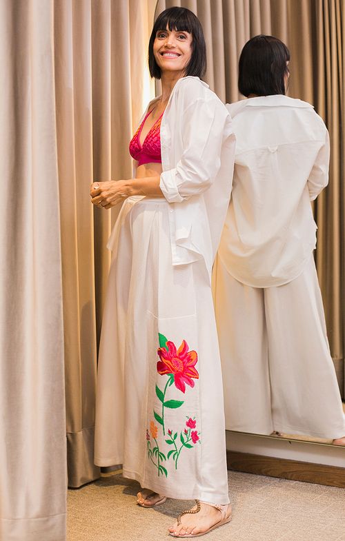 Calça Tricot Pantalona Flores