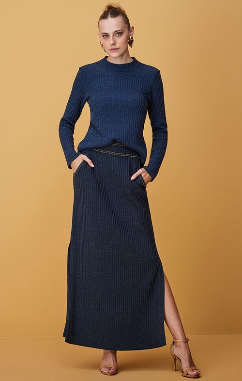 Saia Tricot Longa Canelada Fenda Lateral