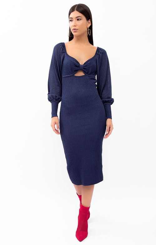 Vestido Tricot Midy Canelado Manga Bufante