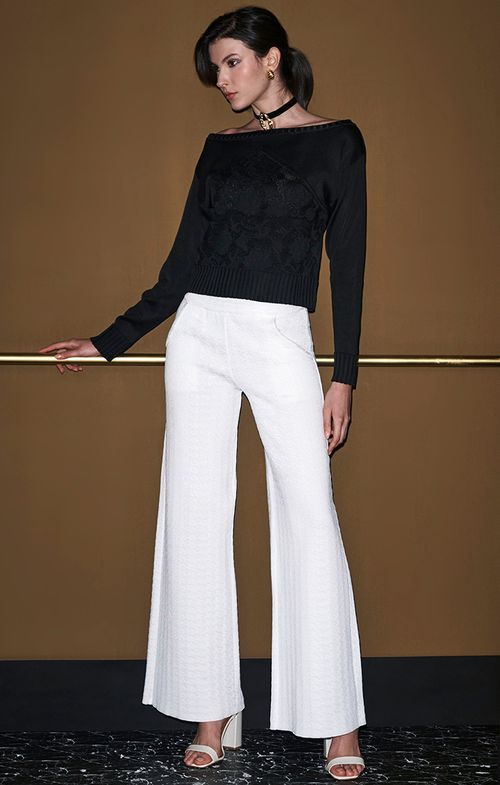 Calça Tricot Pantalona Pied de Poule Basic