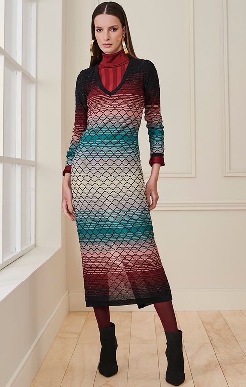 Vestido Tricot Midy Zig Fenda Tie Dye