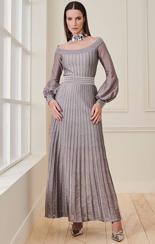 Vestido Tricot Longo Ombro a Ombro Plissado Shine