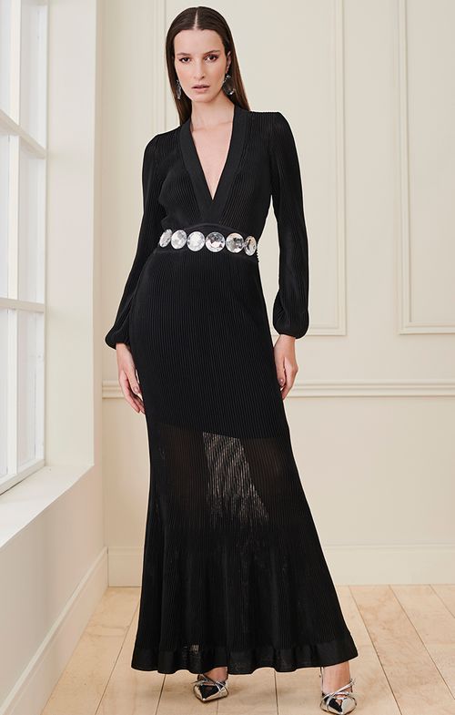 Vestido tricot longo nervuras decote costas
