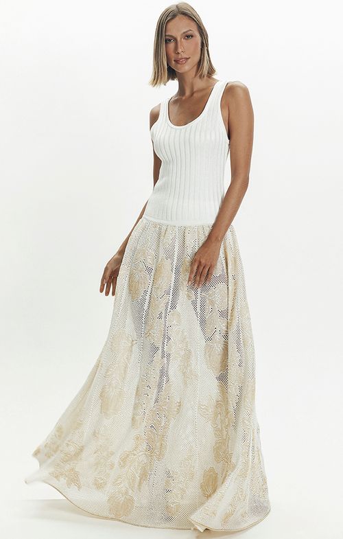 Vestido Tricot Longo Flores Devorê