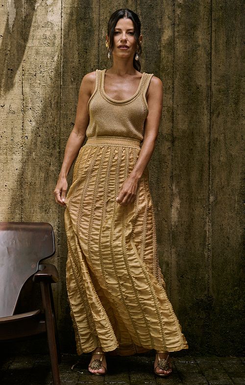 Saia Tricot Longa Relevo Shine Plissado