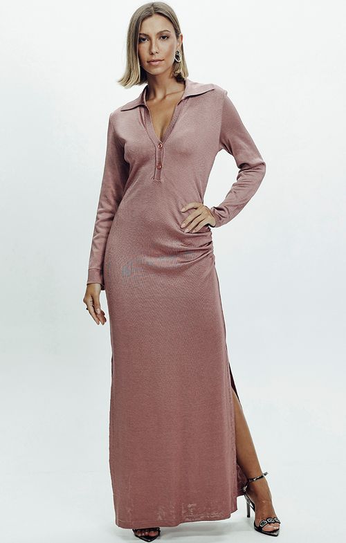 Vestido Tricot Longo Drapeado Quadril