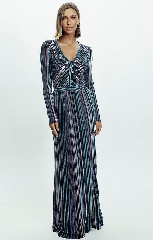 Vestido Tricot Longo Decote V Multi Color