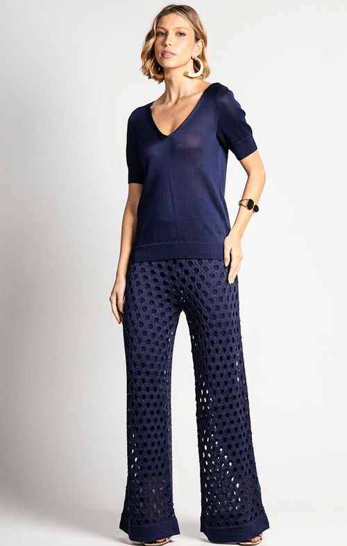 Calça Tricot Reta Pantalona Max Furos