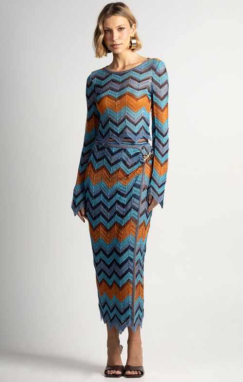 Saia Tricot Midy Fivela Listras Furos Zig