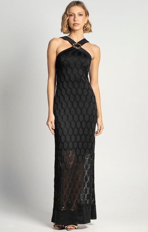 Vestido Tricot Max Midy Alça Renda Losango