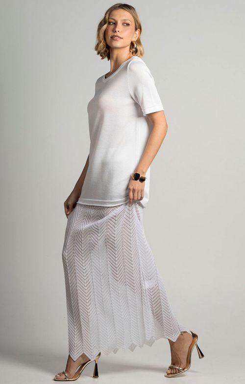 Saia Tricot Longa Plissada Zig Furos
