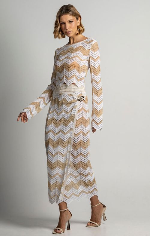 Saia Tricot Midy Fivela Listras Furos Shine