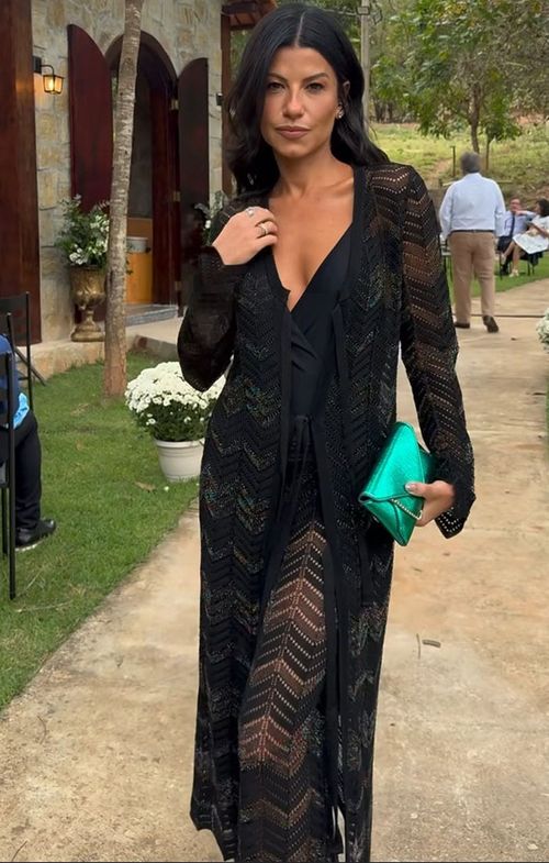 Calça Tricot Pantalona Listras Furos Shine