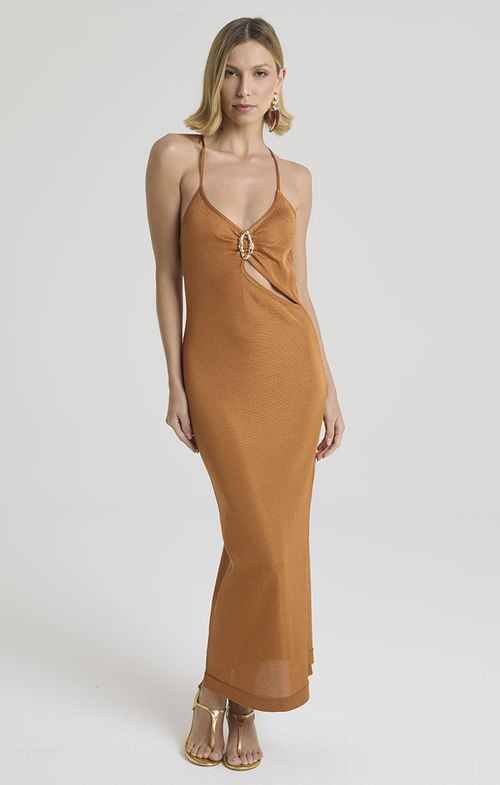 Vestido Tricot Max Midy Alça Fina Decote Fivela
