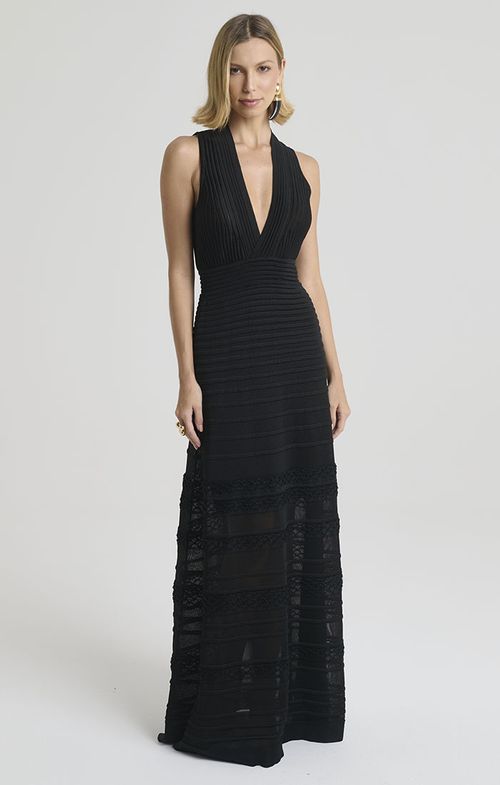 Vestido Tricot Longo Decote Cavado Alto Relevo