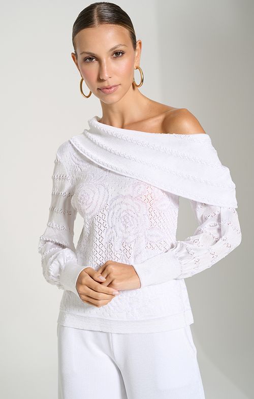 Blusa Tricot Gola Boba Assimétrica Rosas