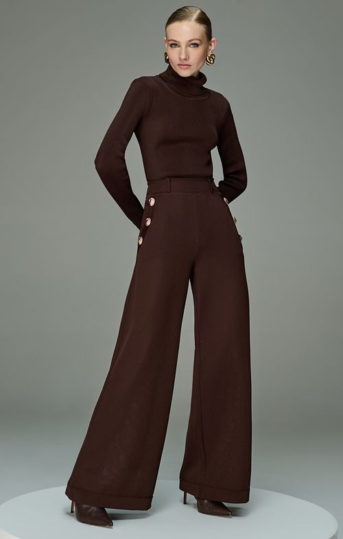 Calça Tricot Pantalona Bolsos Botões