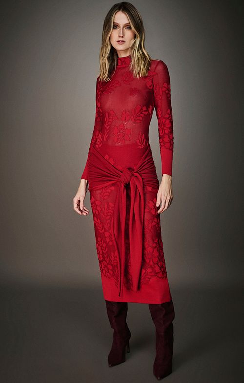 Vestido Tricot Max Midy Ramos Flores Lenço Cintura