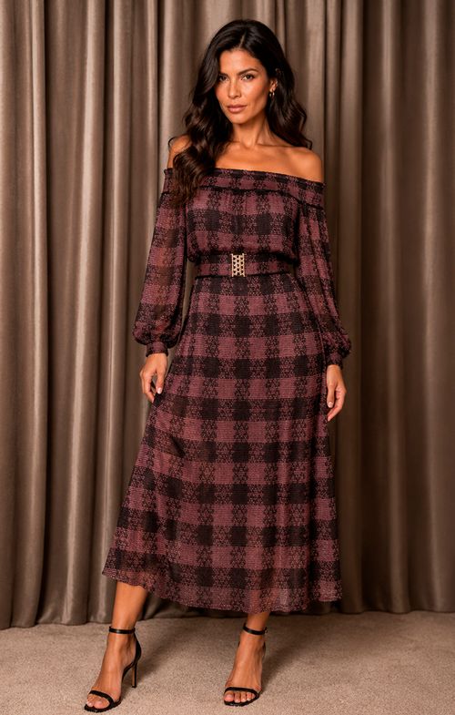 Vestido Tricot Midy Ombro a Ombro Xadrez Cinto